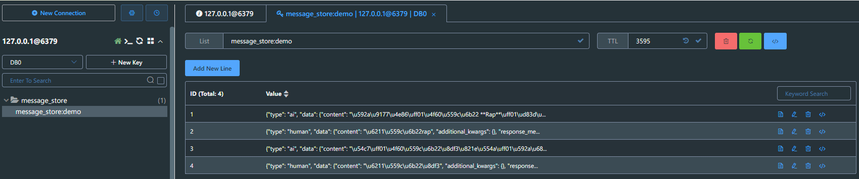 查看 redis 数据库信息,发现他只会记住最近 4 条聊天记录。